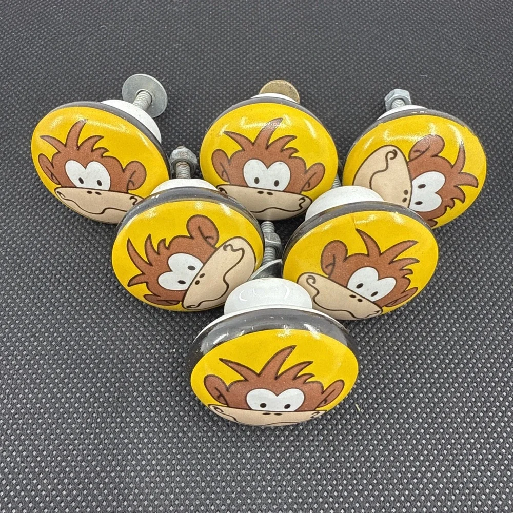 6 Porcelain Monkey Drawer Knobs Door Pulls Yellow Funny Face‎ 1.25